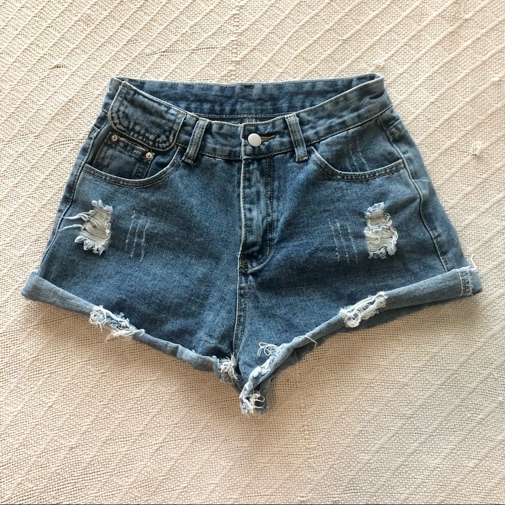 High Rise Distressed Jean Shorts